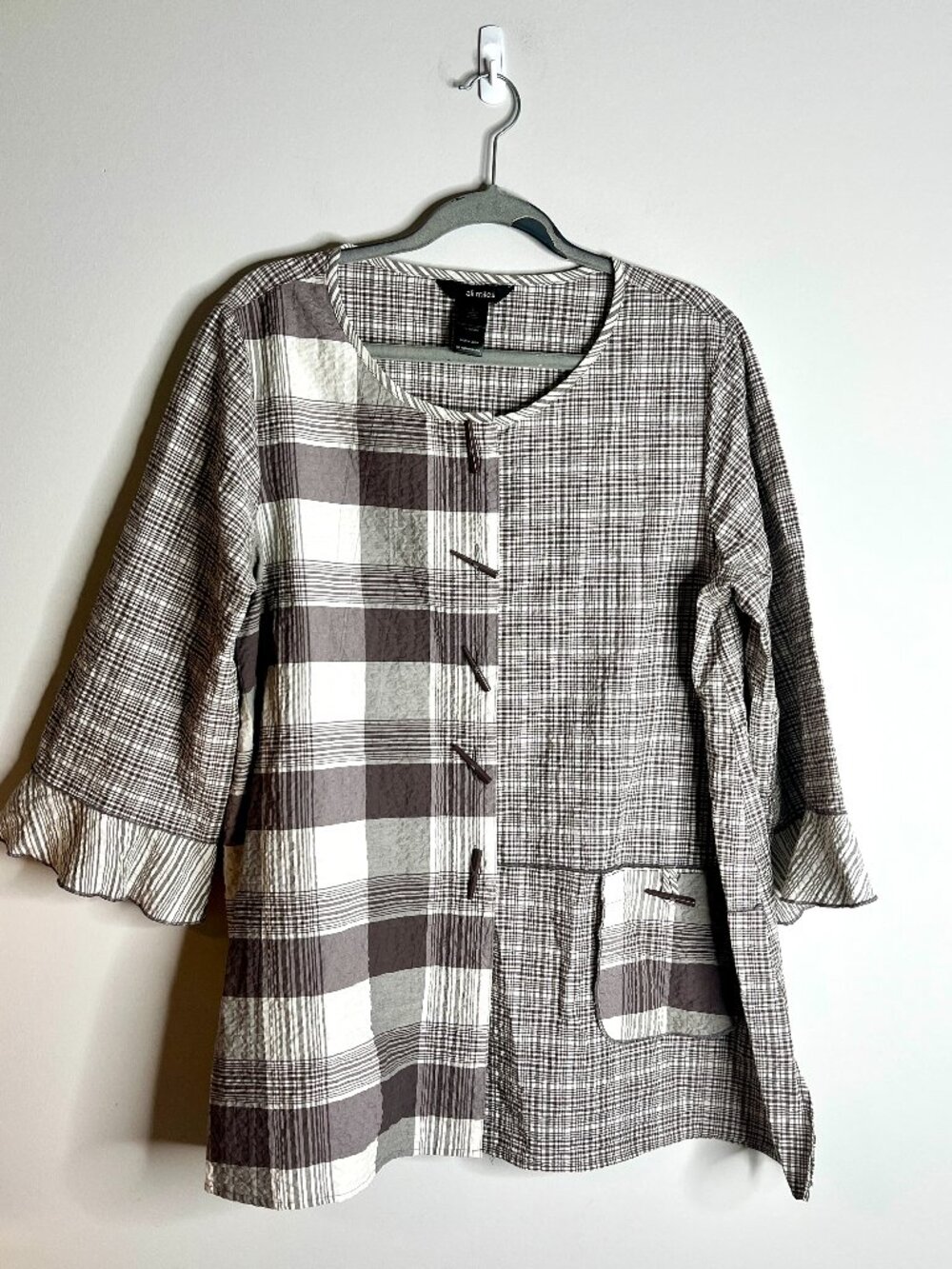 Ali Miles Brown Plaid Seersucker Button-Down Lagenlook Boho Top Oversized Sz L